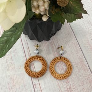 Rattan Wicker Neutral Geometric Stone Boho Hoop Earrings NEW